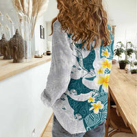 Maori Manta Ray Plumeria Teal Women Casual Shirt