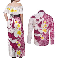 Maori Manta Ray Plumeria Royal Pink Couples Matching Off Shoulder Maxi Dress and Long Sleeve Button Shirt LT01 - Polynesian Pride