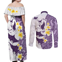 Maori Manta Ray Plumeria Deep Purple Couples Matching Off Shoulder Maxi Dress and Long Sleeve Button Shirt LT01 - Polynesian Pride