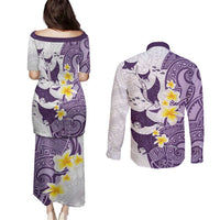 Maori Manta Ray Plumeria Deep Purple Couples Matching Puletasi and Long Sleeve Button Shirt LT01 - Polynesian Pride