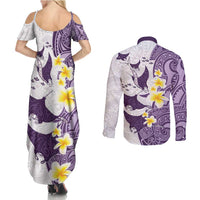 Maori Manta Ray Plumeria Deep Purple Couples Matching Summer Maxi Dress and Long Sleeve Button Shirt LT01 - Polynesian Pride