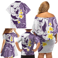 Maori Manta Ray Plumeria Deep Purple Family Matching Off Shoulder Short Dress and Hawaiian Shirt