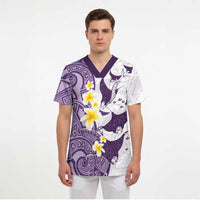 Maori Manta Ray Plumeria Deep Purple Scrub Top - Polynesian Pride
