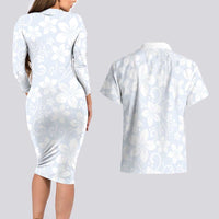 Plumeria Floral White Sunday Couples Matching Long Sleeve Bodycon Dress and Hawaiian Shirt LT01 - Polynesian Pride