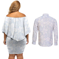 Plumeria Floral White Sunday Couples Matching Off Shoulder Short Dress and Long Sleeve Button Shirt LT01 - Polynesian Pride