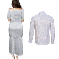 Plumeria Floral White Sunday Couples Matching Puletasi and Long Sleeve Button Shirt LT01 - Polynesian Pride