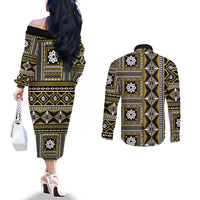 Fiji Masi Tapa Pattern Yellow Couples Matching Off The Shoulder Long Sleeve Dress and Long Sleeve Button Shirt - Polynesian Pride