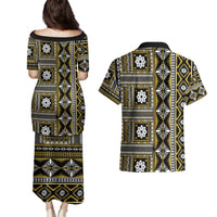 Fiji Masi Tapa Pattern Yellow Couples Matching Puletasi and Hawaiian Shirt - Polynesian Pride