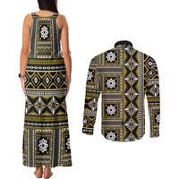 Fiji Masi Tapa Pattern Yellow Couples Matching Tank Maxi Dress and Long Sleeve Button Shirt - Polynesian Pride