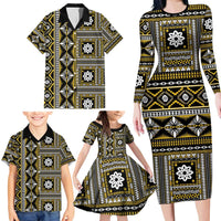 Fiji Masi Tapa Pattern Yellow Family Matching Long Sleeve Bodycon Dress and Hawaiian Shirt - Polynesian Pride