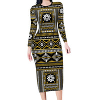 Fiji Masi Tapa Pattern Yellow Family Matching Long Sleeve Bodycon Dress and Hawaiian Shirt - Polynesian Pride