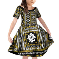 Fiji Masi Tapa Pattern Yellow Family Matching Off Shoulder Short Dress and Hawaiian Shirt - Polynesian Pride