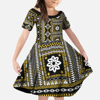 Fiji Masi Tapa Pattern Yellow Family Matching Short Sleeve Bodycon Dress and Hawaiian Shirt - Polynesian Pride