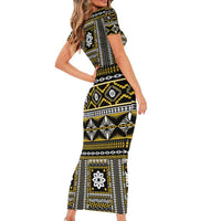 Fiji Masi Tapa Pattern Yellow Short Sleeve Bodycon Dress - Polynesian Pride