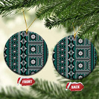 Fiji Masi Tapa Pattern Teal Ceramic Ornament LT01 Circle Teal - Polynesian Pride