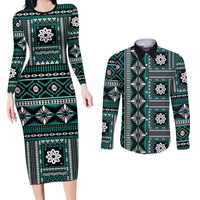 Fiji Masi Tapa Pattern Teal Couples Matching Long Sleeve Bodycon Dress and Long Sleeve Button Shirt LT01 Teal - Polynesian Pride
