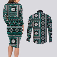 Fiji Masi Tapa Pattern Teal Couples Matching Long Sleeve Bodycon Dress and Long Sleeve Button Shirt LT01 - Polynesian Pride