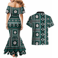 Fiji Masi Tapa Pattern Teal Couples Matching Mermaid Dress and Hawaiian Shirt - Polynesian Pride
