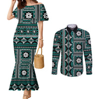 Fiji Masi Tapa Pattern Teal Couples Matching Mermaid Dress and Long Sleeve Button Shirt LT01 Teal - Polynesian Pride