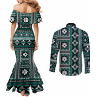 Fiji Masi Tapa Pattern Teal Couples Matching Mermaid Dress and Long Sleeve Button Shirt LT01 - Polynesian Pride