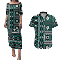 Fiji Masi Tapa Pattern Teal Couples Matching Puletasi and Hawaiian Shirt - Polynesian Pride