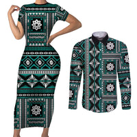 Fiji Masi Tapa Pattern Teal Couples Matching Short Sleeve Bodycon Dress and Long Sleeve Button Shirt LT01 Teal - Polynesian Pride