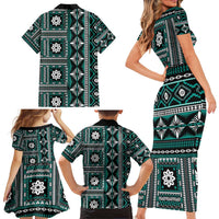 Fiji Masi Tapa Pattern Teal Family Matching Short Sleeve Bodycon Dress and Hawaiian Shirt - Polynesian Pride