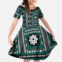 Fiji Masi Tapa Pattern Teal Kid Short Sleeve Dress - Polynesian Pride