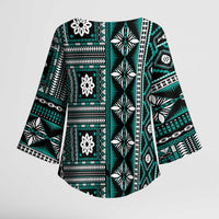 Fiji Masi Tapa Pattern Teal Kimono Sleeve Blouse LT01 - Polynesian Pride