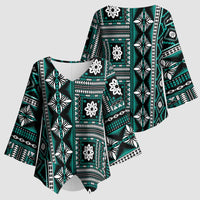Fiji Masi Tapa Pattern Teal Kimono Sleeve Blouse LT01 - Polynesian Pride