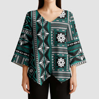 Fiji Masi Tapa Pattern Teal Kimono Sleeve Blouse LT01 - Polynesian Pride