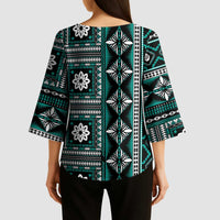Fiji Masi Tapa Pattern Teal Kimono Sleeve Blouse LT01 - Polynesian Pride