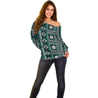 Fiji Masi Tapa Pattern Teal Off Shoulder Sweater - Polynesian Pride