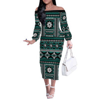 Fiji Masi Tapa Pattern Teal Off The Shoulder Long Sleeve Dress LT01 Women Teal - Polynesian Pride