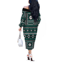 Fiji Masi Tapa Pattern Teal Off The Shoulder Long Sleeve Dress LT01 - Polynesian Pride
