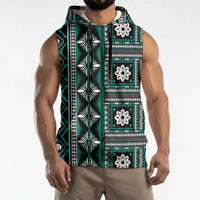 Fiji Masi Tapa Pattern Teal Sleeveless Hoodie LT01 - Polynesian Pride