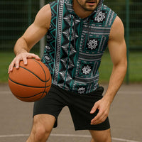 Fiji Masi Tapa Pattern Teal Sleeveless Hoodie LT01 - Polynesian Pride