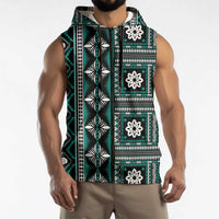 Fiji Masi Tapa Pattern Teal Sleeveless Zip Hoodie LT01 - Polynesian Pride