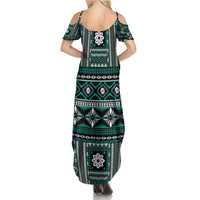 Fiji Masi Tapa Pattern Teal Summer Maxi Dress - Polynesian Pride
