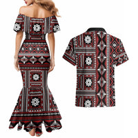 Fiji Masi Tapa Pattern Red Couples Matching Mermaid Dress and Hawaiian Shirt - Polynesian Pride