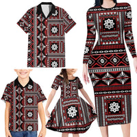 Fiji Masi Tapa Pattern Red Family Matching Long Sleeve Bodycon Dress and Hawaiian Shirt - Polynesian Pride