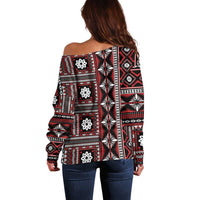 Fiji Masi Tapa Pattern Red Off Shoulder Sweater - Polynesian Pride