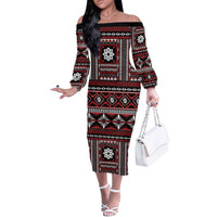 Fiji Masi Tapa Pattern Red Off The Shoulder Long Sleeve Dress LT01 Women Red - Polynesian Pride