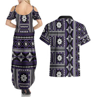 Fiji Masi Tapa Pattern Purple Couples Matching Summer Maxi Dress and Hawaiian Shirt - Polynesian Pride