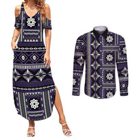 Fiji Masi Tapa Pattern Purple Couples Matching Summer Maxi Dress and Long Sleeve Button Shirt - Polynesian Pride