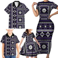 Fiji Masi Tapa Pattern Purple Family Matching Short Sleeve Bodycon Dress and Hawaiian Shirt - Polynesian Pride