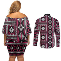 Fiji Masi Tapa Pattern Pink Couples Matching Off Shoulder Short Dress and Long Sleeve Button Shirt - Polynesian Pride