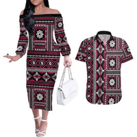 Fiji Masi Tapa Pattern Pink Couples Matching Off The Shoulder Long Sleeve Dress and Hawaiian Shirt - Polynesian Pride