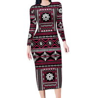 Fiji Masi Tapa Pattern Pink Family Matching Long Sleeve Bodycon Dress and Hawaiian Shirt - Polynesian Pride
