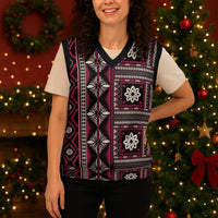 Fiji Masi Tapa Pattern Pink Christmas Knitted V-Neck Vest - Polynesian Pride